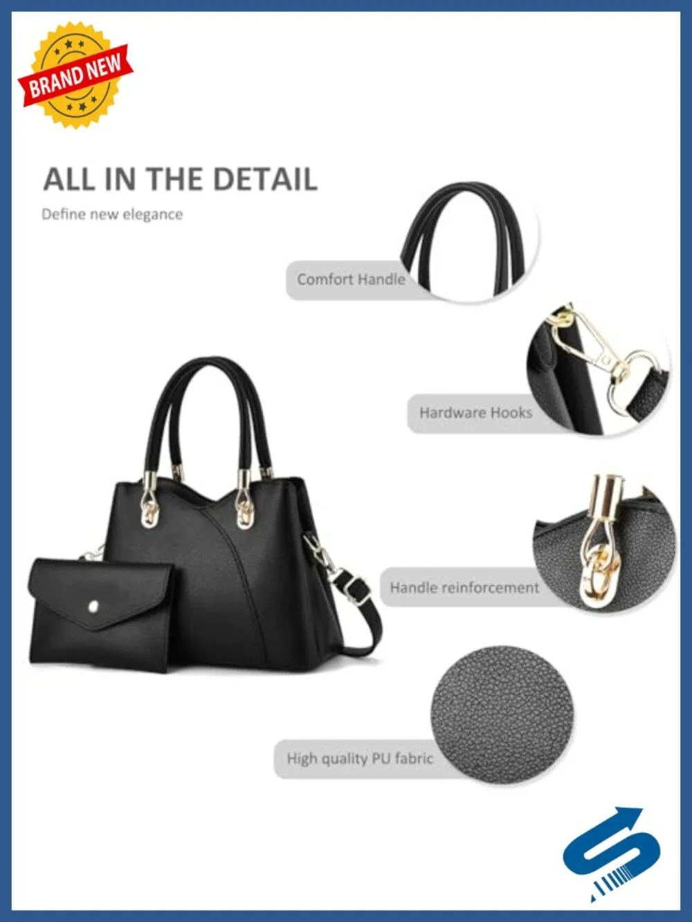 PU Leather Top Handle Tote Bag Women Satchel 3 Compartments Detachable Strap